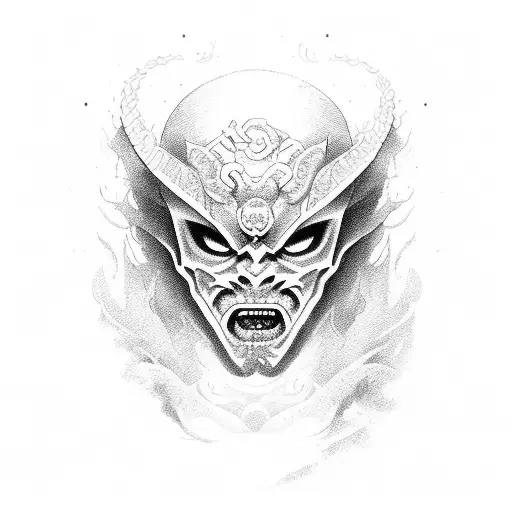 half oni mask with waves tattoo design idea