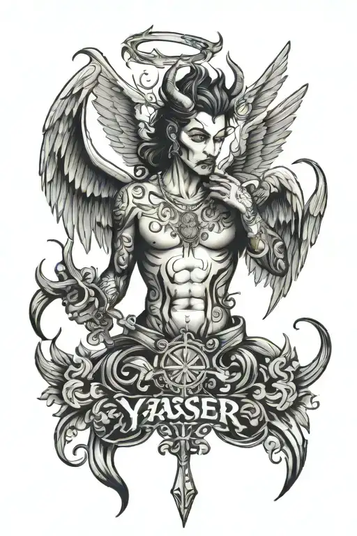 The name Yasser is a devil, an angel and wings made tattoo design idea