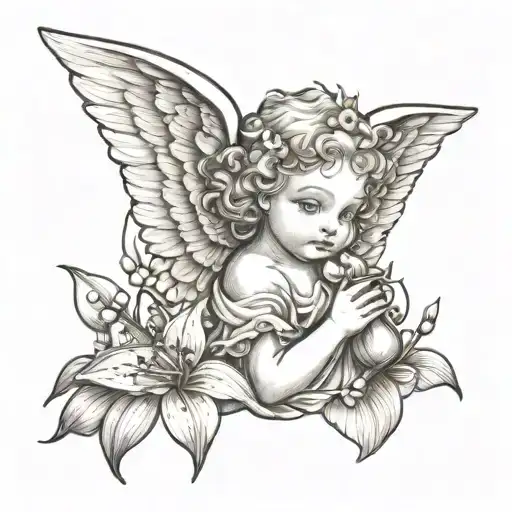 Cherub angel holding a Lilly of the valley sketch black and white no shading or colour tattoo design idea