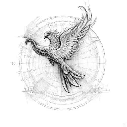 Combine a phoenix and a construction blueprint with musical staff lines intertwined tattoo design idea