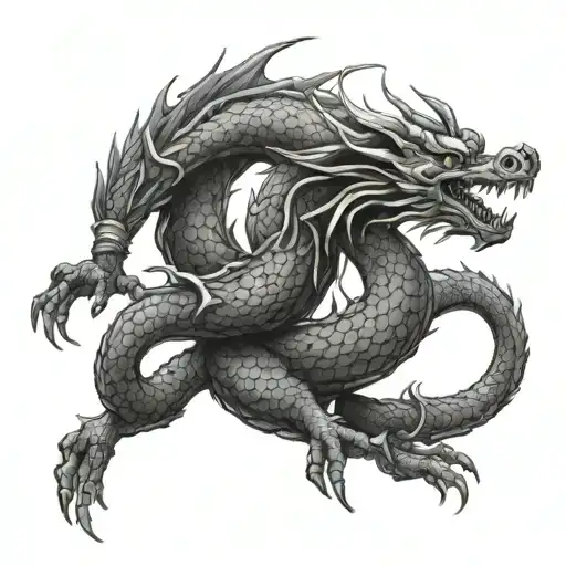 A sleek black and grey Chinese dragon intertwined with benzene rings tattoo design idea