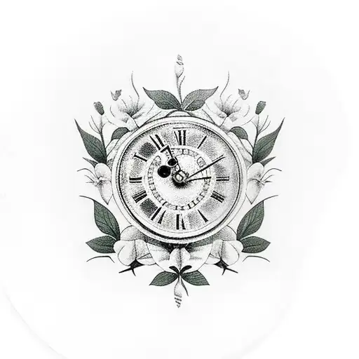 Old clock in glass cover whit flowers tattoo design idea