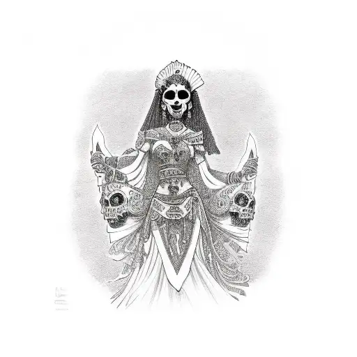 Mexican goddess with skulls at her feet tattoo design idea
