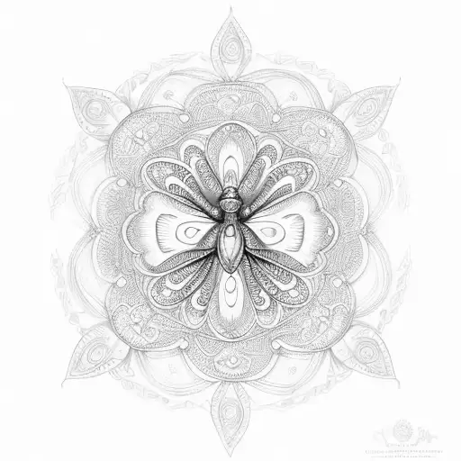 A delicate and intricate mandala design with two butterflies, symbolizing the client's two children, and their birth dates hidden within the pattern. tattoo design idea