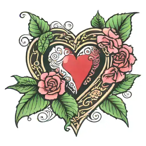 red heart with green leaves and a pink flower and with a banner that says SHINTARO tattoo design idea