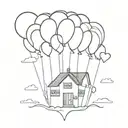 A small house that is being flown by balloons but the balloons are hearts that are hand drawn by different people. tattoo design idea