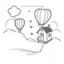 A small house that is being flown by balloons but the balloons are hearts that are hand drawn by different people. tattoo design idea