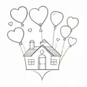 A small house that is being flown by balloons but the balloons are hearts that are hand drawn by different people. tattoo design idea