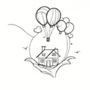 A small house that is being flown by balloons but the balloons are hearts that are hand drawn by different people. tattoo design idea