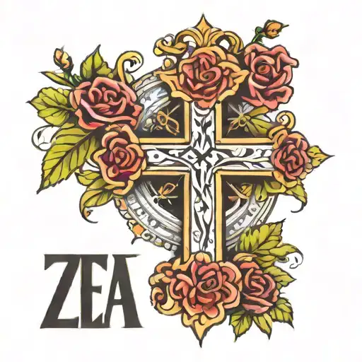 my name zea, religious cross tattoo design idea