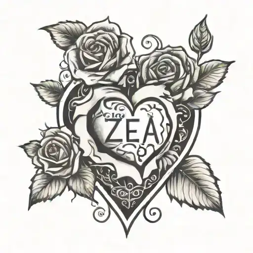 my name zea, roses intertwined, heart broken heart tattoo design idea