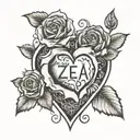my name zea, roses intertwined, heart broken heart tattoo design idea