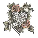 my name zea, roses intertwined, heart broken heart tattoo design idea