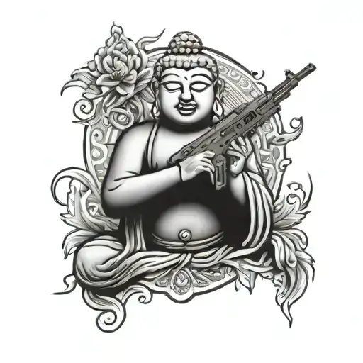 budha holding assault rifle tattoo design idea
