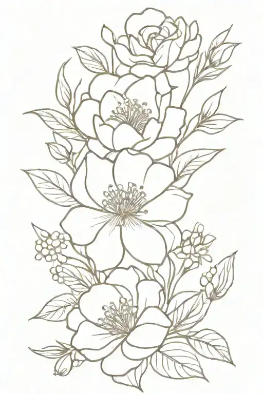 vine rose, peonies, daisy, lily of the valley flower tattoo design idea