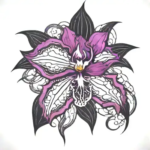 goth orchid tattoo, not very detailed, purple and black, with webs, dark, goth tattoo design idea