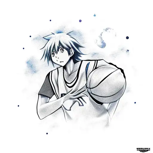 A realistic portrait of an anime character playing basketball in outer space tattoo design idea