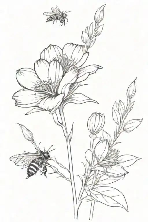 sketch bouquet fine line tattoo with violet flower intertwined with a chrysanthemum flower with two small bumblebees  tattoo design idea