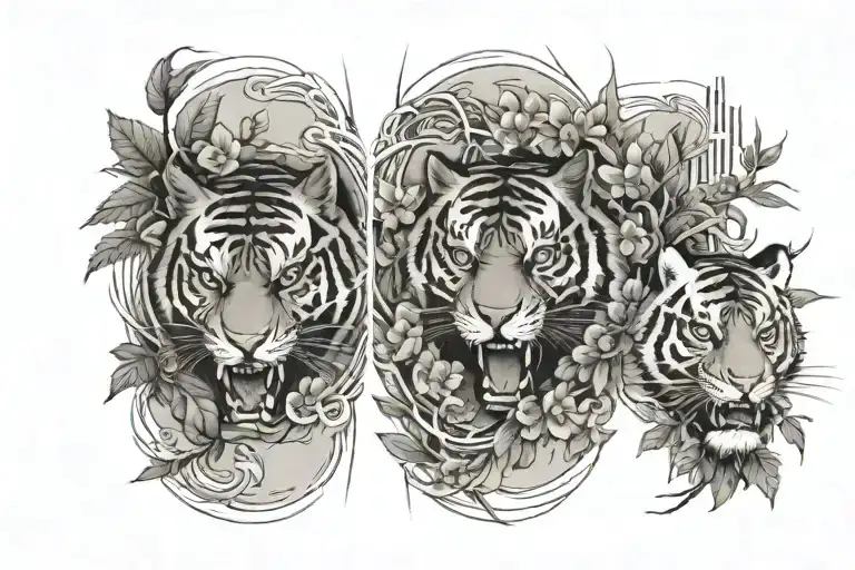 forearm sleeve with the japanese symbols for the concpet of kaizen, and tigers eyes peeking out of a bush tattoo design idea