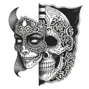 the thalia sad face theater mask, broken in half and splitting apart to reveal that the face behind the mask is a skull tattoo design idea