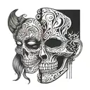 the thalia sad face theater mask, broken in half and splitting apart to reveal that the face behind the mask is a skull tattoo design idea