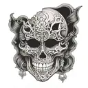 the thalia sad face theater mask, broken in half and splitting apart to reveal that the face behind the mask is a skull tattoo design idea