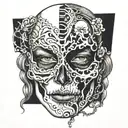 the thalia sad face theater mask, broken in half and splitting apart to reveal that the face behind the mask is a skull tattoo design idea