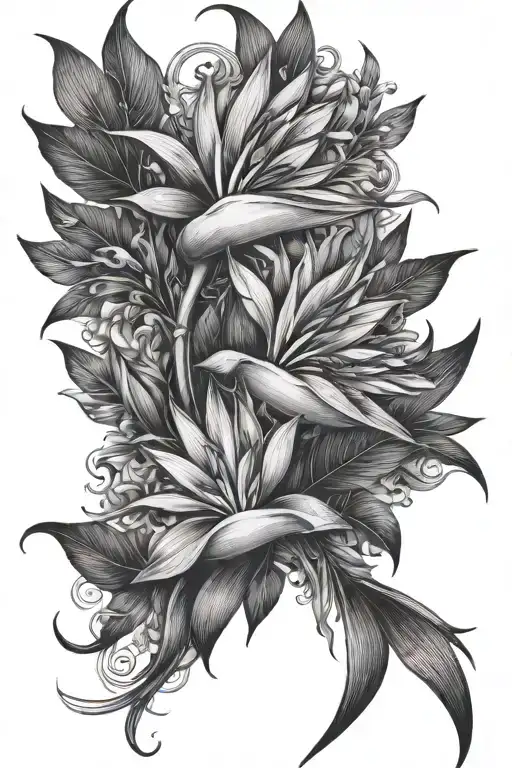 2 birds of paradise flowers, intertwined tattoo design idea