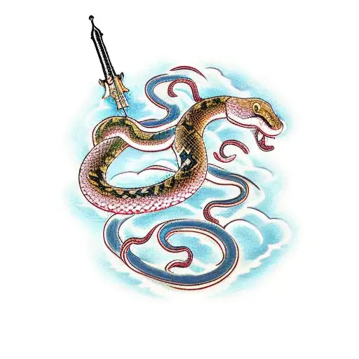 A traditional Japanese-style tattoo of a snake and a sword intertwined, with golden accents and red cherry blossoms scattered around. tattoo design idea