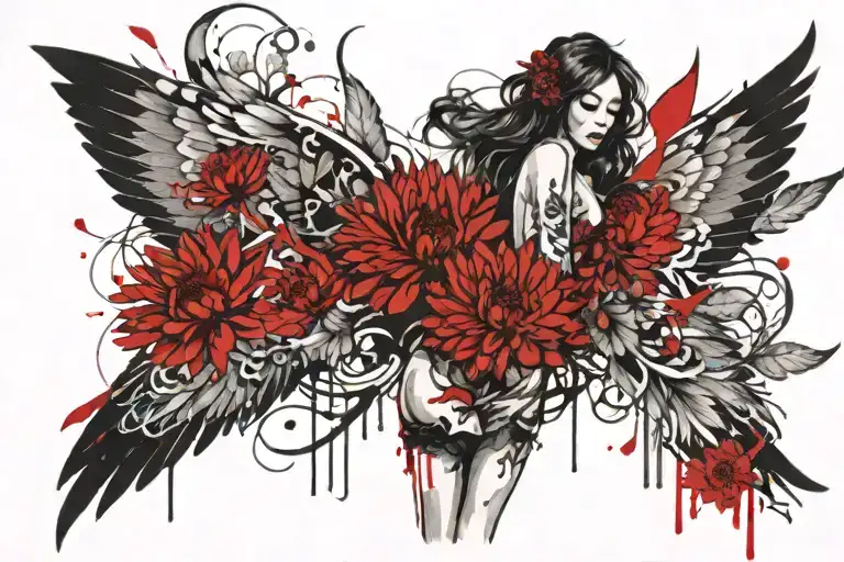 girl with wings in red Japanese chrysanthemums tattoo design idea