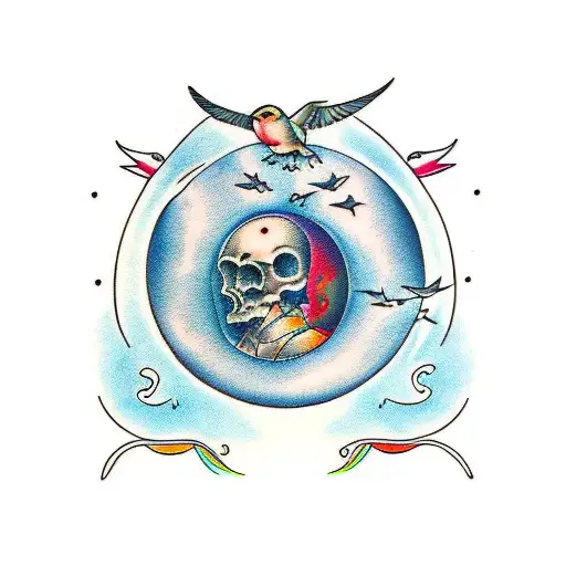 my last name inside a moon with birds tattoo design idea