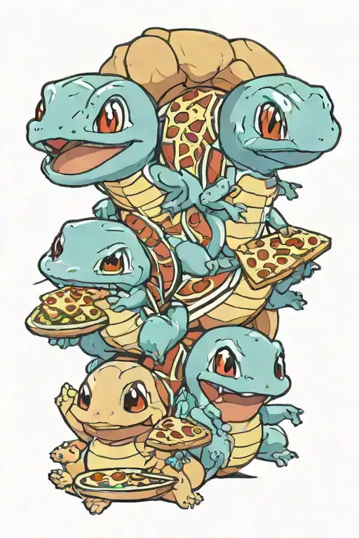 Squirtle, charmander and bulbasaur eating pizza slice tattoo design idea