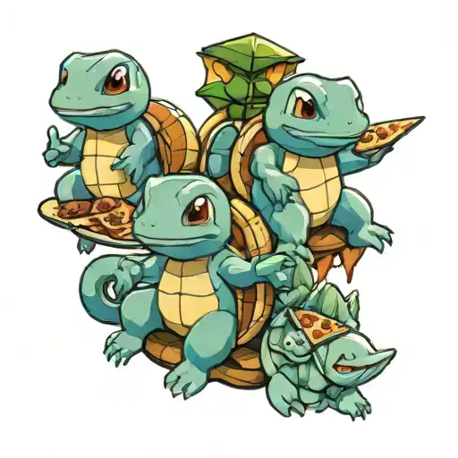 Squirtle, charmander and bulbasaur eating pizza tattoo design idea