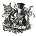 A surreal Alice in Wonderland scene featuring a blackwork Cheshire Cat and dotwork Mad Hatter surrounded by favorite animals like a blackwork rabbit and black-grey flamingo tattoo design idea