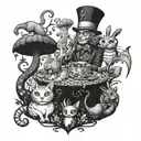 A surreal Alice in Wonderland scene featuring a blackwork Cheshire Cat and dotwork Mad Hatter surrounded by favorite animals like a blackwork rabbit and black-grey flamingo tattoo design idea