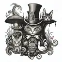 A surreal Alice in Wonderland scene featuring a blackwork Cheshire Cat and dotwork Mad Hatter surrounded by favorite animals like a blackwork rabbit and black-grey flamingo tattoo design idea