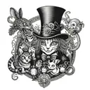 A surreal Alice in Wonderland scene featuring a blackwork Cheshire Cat and dotwork Mad Hatter surrounded by favorite animals like a blackwork rabbit and black-grey flamingo tattoo design idea
