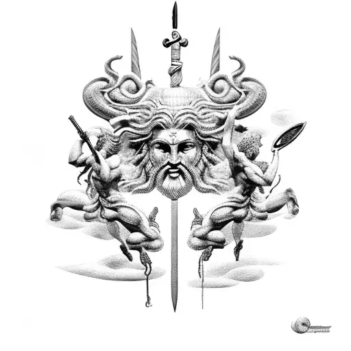 A fierce battle between Zeus and Poseidon in Greek mythology tattoo design idea