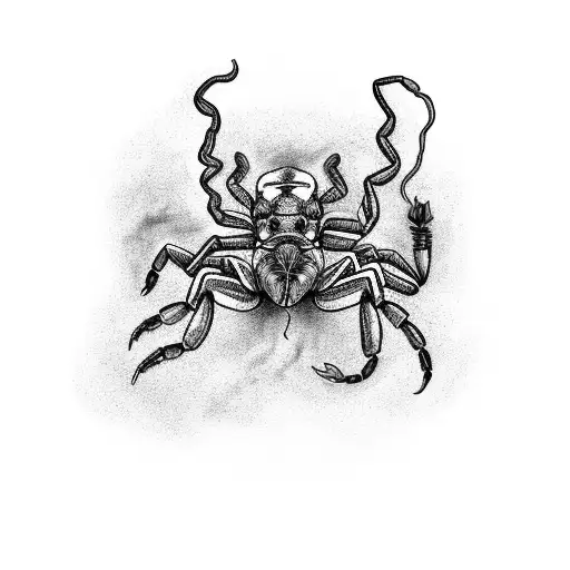A black-grey tattoo of a scorpion with wings holding a guitar, surrounded by flames and the phrase 'Rock & Roll Forever' tattoo design idea