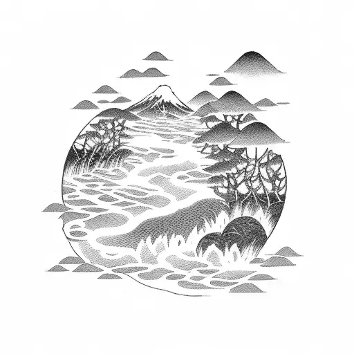 A dotwork tattoo featuring a serene Japanese landscape with a tiger gracefully walking along a winding river tattoo design idea
