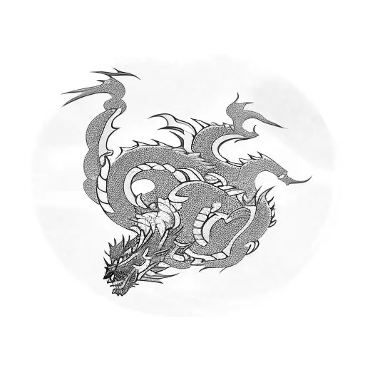 A Japanese-style blackwork tattoo featuring a fierce dragon surrounded by a serene landscape tattoo design idea