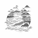 A dotwork tattoo featuring a serene Japanese landscape with a tiger gracefully walking along a winding river tattoo design idea