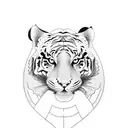 A dotwork tattoo featuring a serene Japanese landscape with a tiger gracefully walking along a winding river tattoo design idea