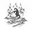 A dotwork tattoo featuring a serene Japanese landscape with a tiger gracefully walking along a winding river tattoo design idea