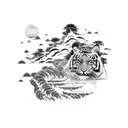 A dotwork tattoo featuring a serene Japanese landscape with a tiger gracefully walking along a winding river tattoo design idea