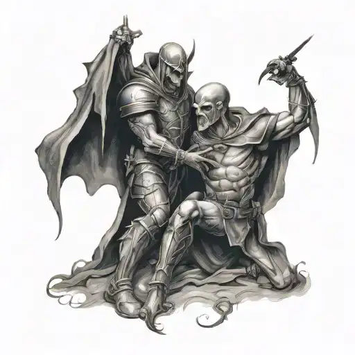  a dramatic scene of vampire-like creatures facing off against armored Christian soldiers tattoo design idea