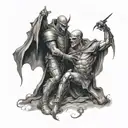  a dramatic scene of vampire-like creatures facing off against armored Christian soldiers tattoo design idea