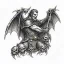  a dramatic scene of vampire-like creatures facing off against armored Christian soldiers tattoo design idea