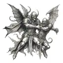  a dramatic scene of vampire-like creatures facing off against armored Christian soldiers tattoo design idea