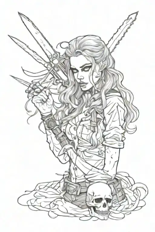 girl killer with knife fangs blood long hair and skull tattoo design idea